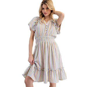 EASEL Women’s MULTI COLOR STRIPED COTTON GAUZE DRESS in LILAC BLUSH